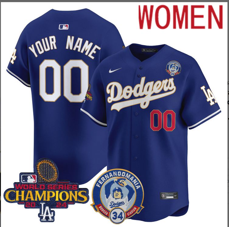 Women MLB Los Angeles Dodgers Custom blue 2024 World Series Champions Patch Cooperstown Jersey style 9